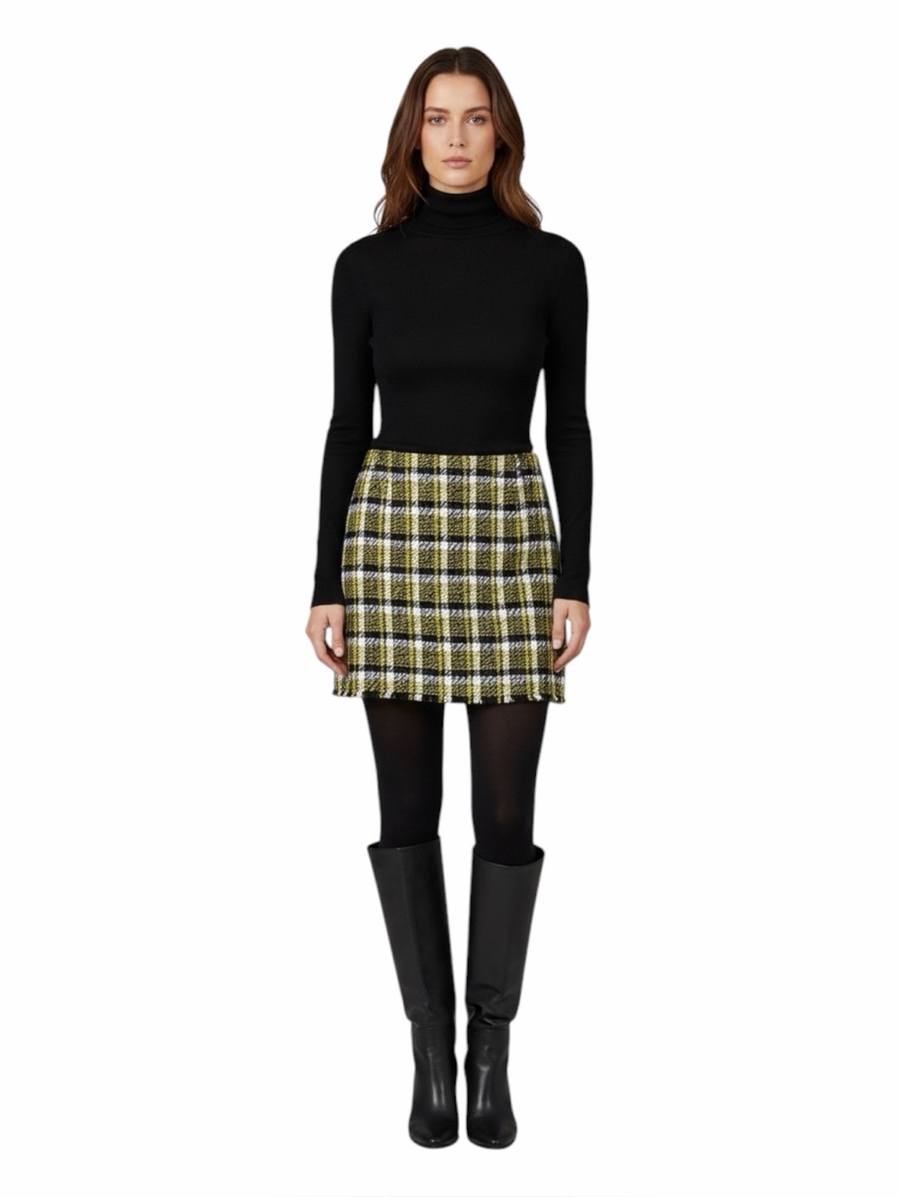 Akris Punto NWOT Women’s Black, White, And Yellow Check Tweed Mini Skirt. Size 4